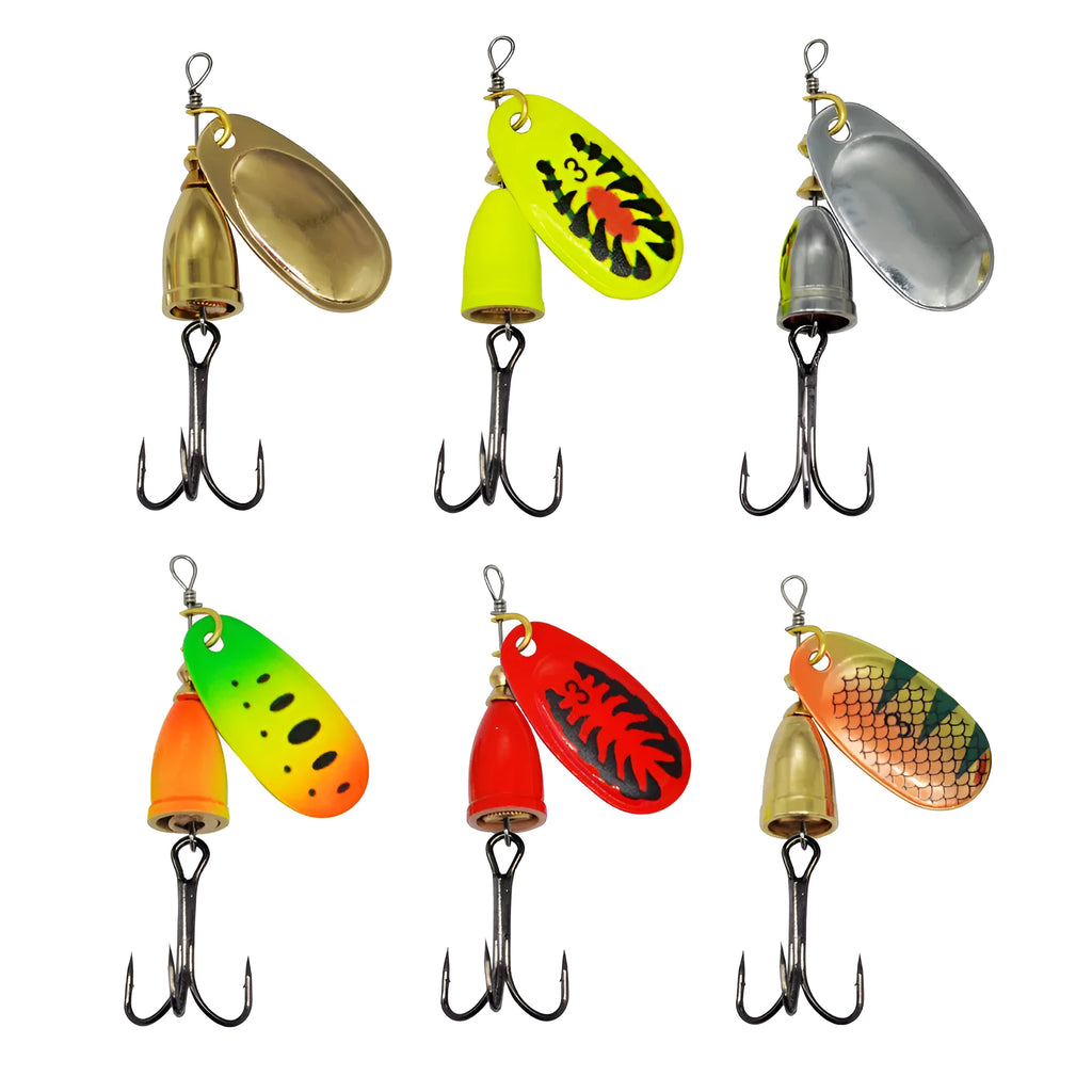 Metal fishing lure with rotating sequins and copper bell in multiple colour options including yellow green and gold mesh