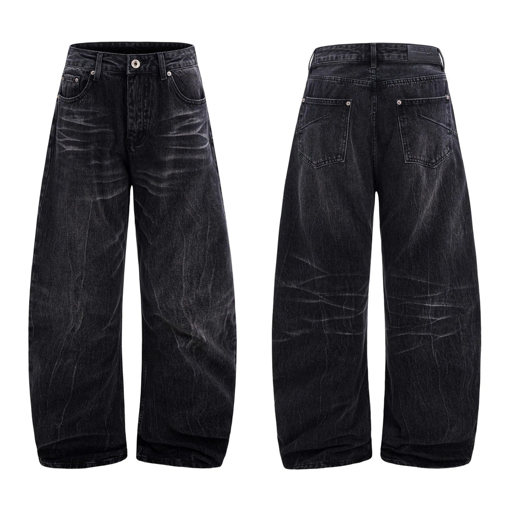 American washed old lightning crack straight-leg jeans in black cotton for men