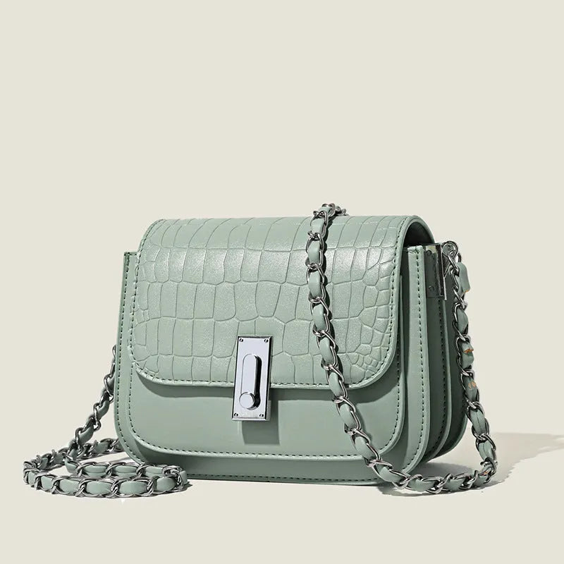 Women's soft PU leather chain shoulder bag with mobile phone pocket in horizontal square design