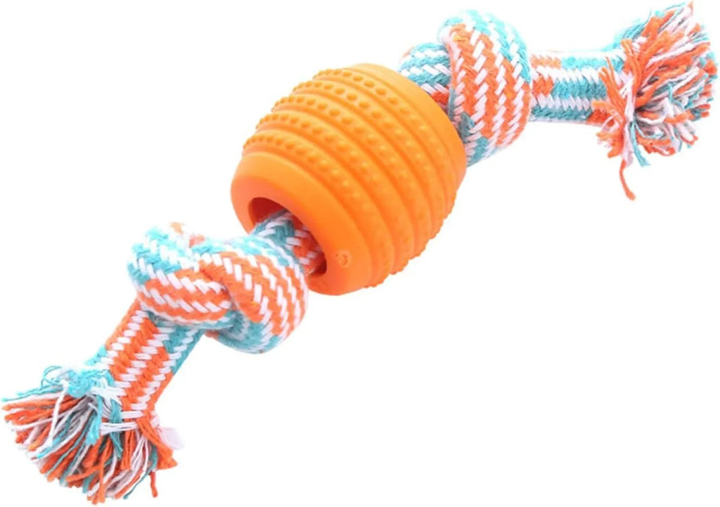Blue molar-shaped dog chew toy with rope elements for teeth cleaning and oral health