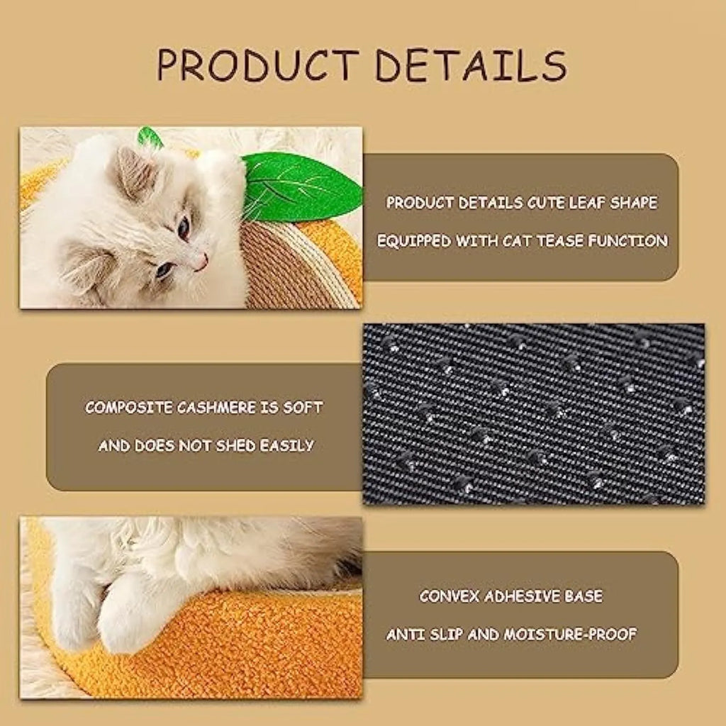 Yellow fruit-themed round sisal cat scratching board and bed for small cats.