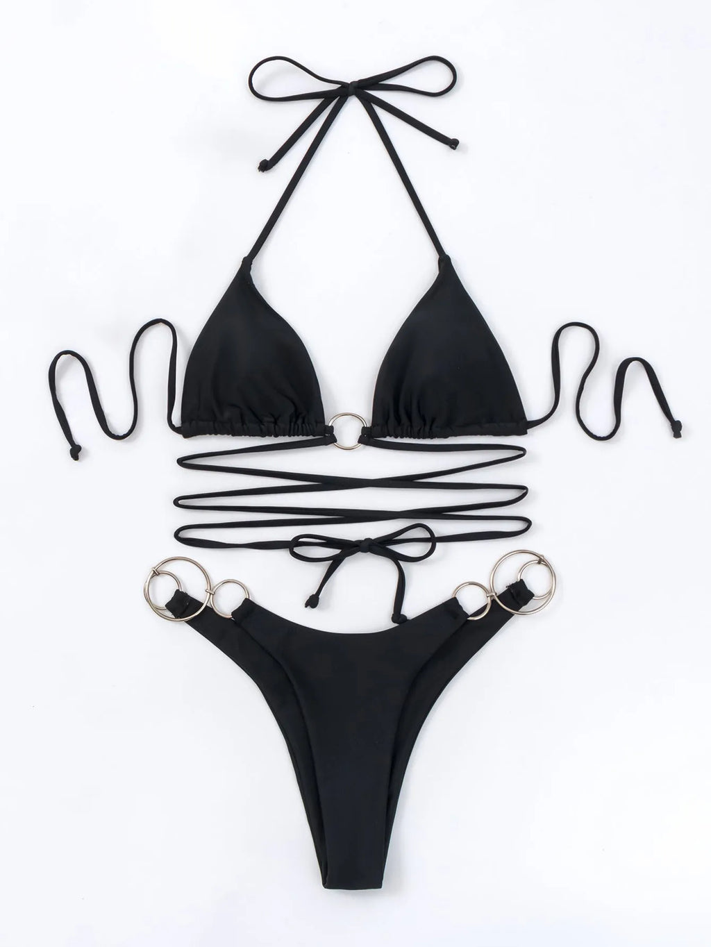 Black women's bikini set with metal ring details and long straps