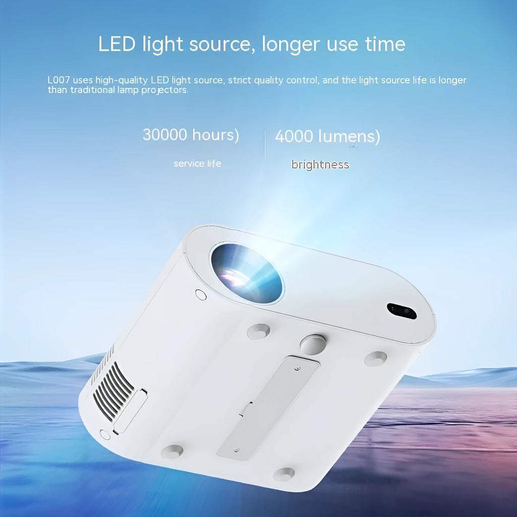 White T07 Full HD 1080p smart Android projector with remote control on a table.
