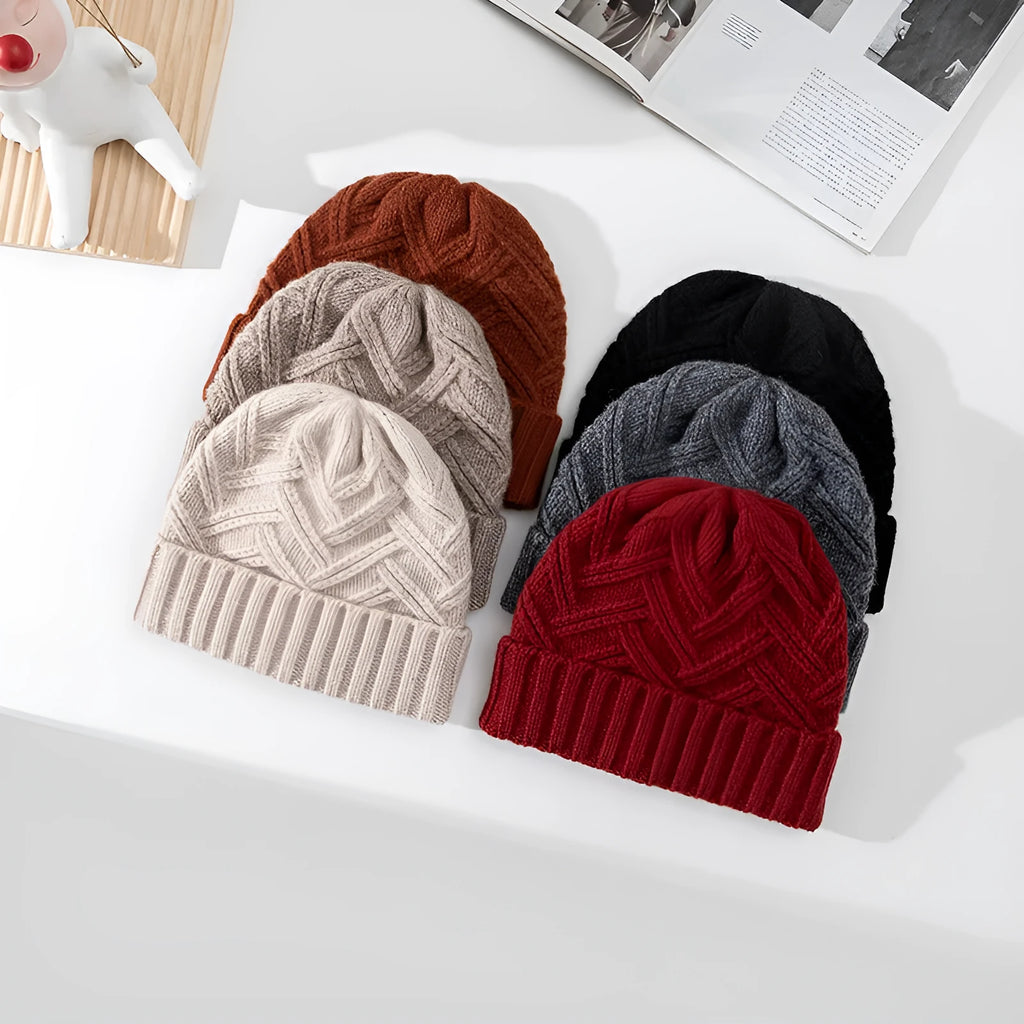 Wool knitted dome crown hat in khaki colour with totem design detail.