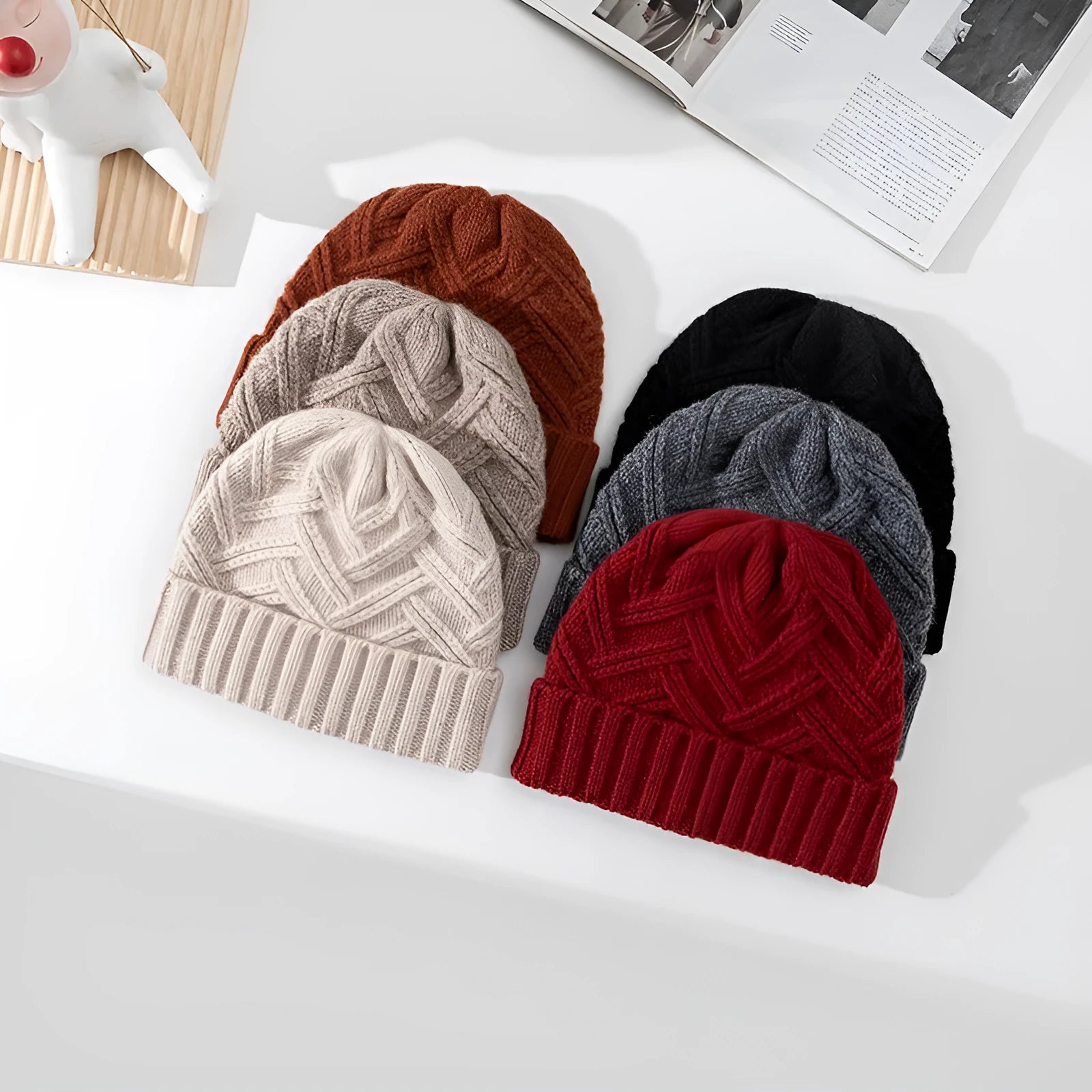 Wool knitted dome crown hat in khaki colour with totem design detail.