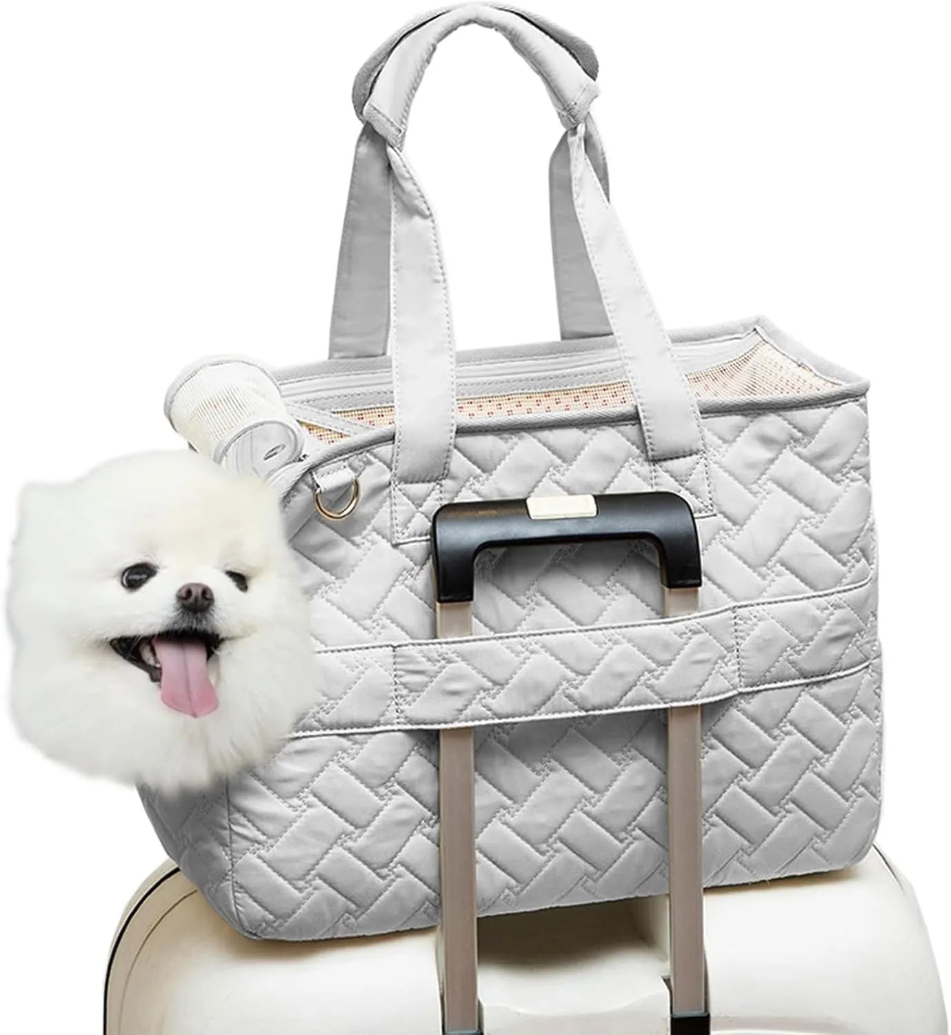 Grey pet carrier handbag with mesh panels and safety cord for cat or small dog transport