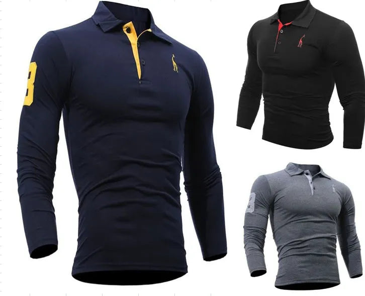 Men's long sleeve polo shirt in dark blue with embroidered deer and digital print, loose fit