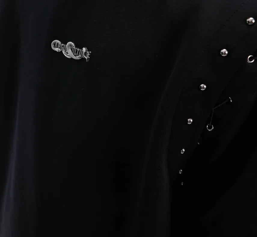 Women's black deconstruction t-shirt with a front lace-up cutout detail on a short sleeve.