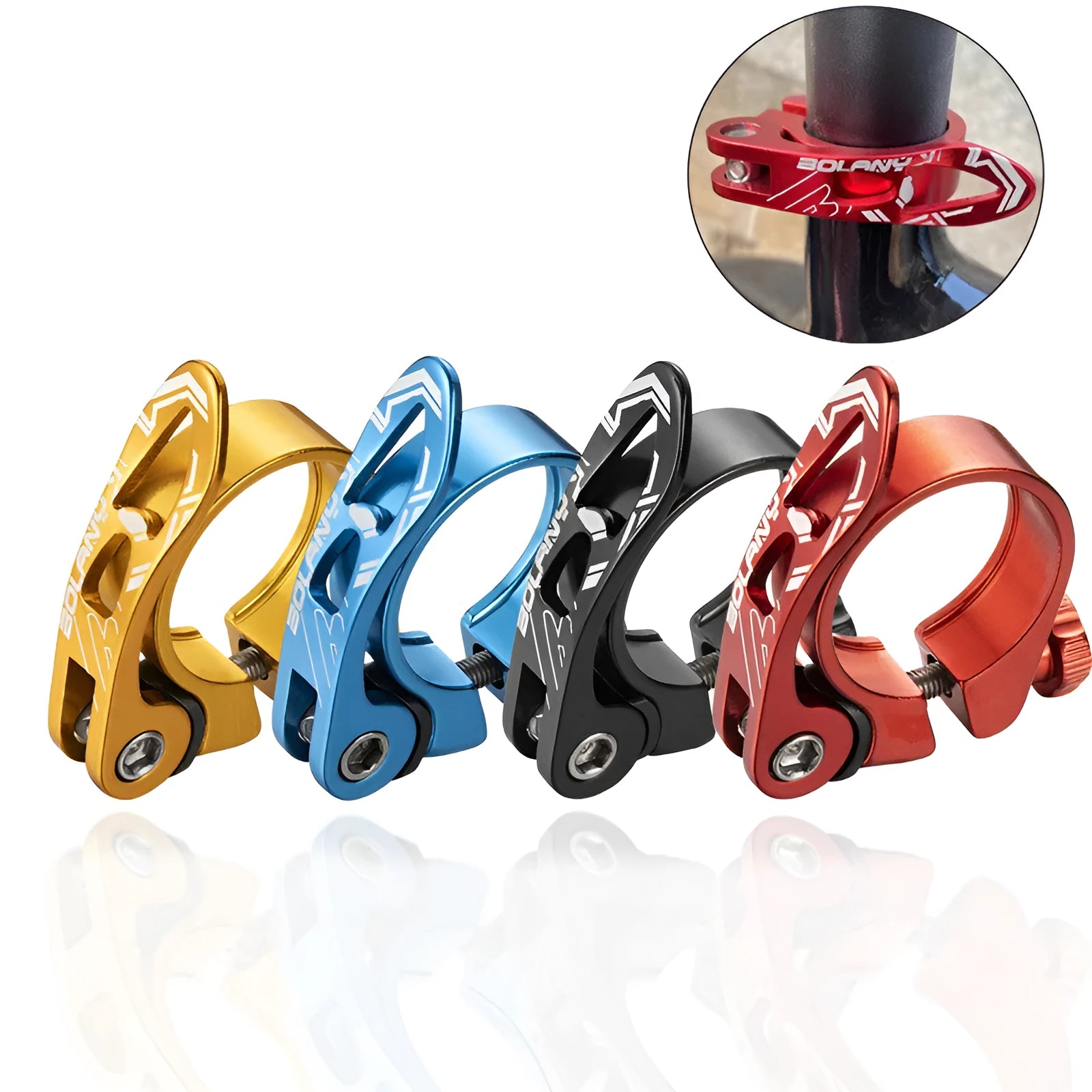 Aluminium alloy mountain bicycle seat post clamp in black, red, gold or blue, showing 31.8mm and 34.9mm size options.