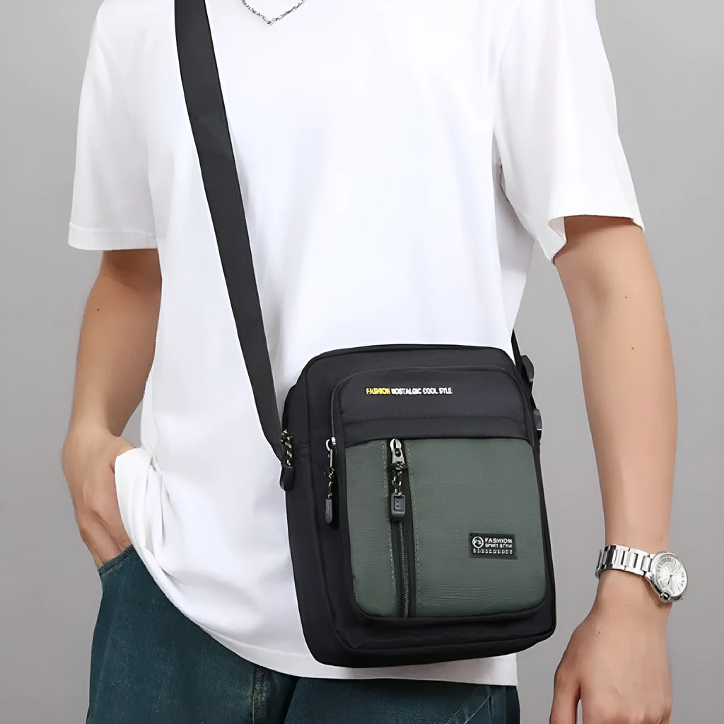 Men's casual one shoulder messenger bag in nylon fabric with sewing thread detailing
