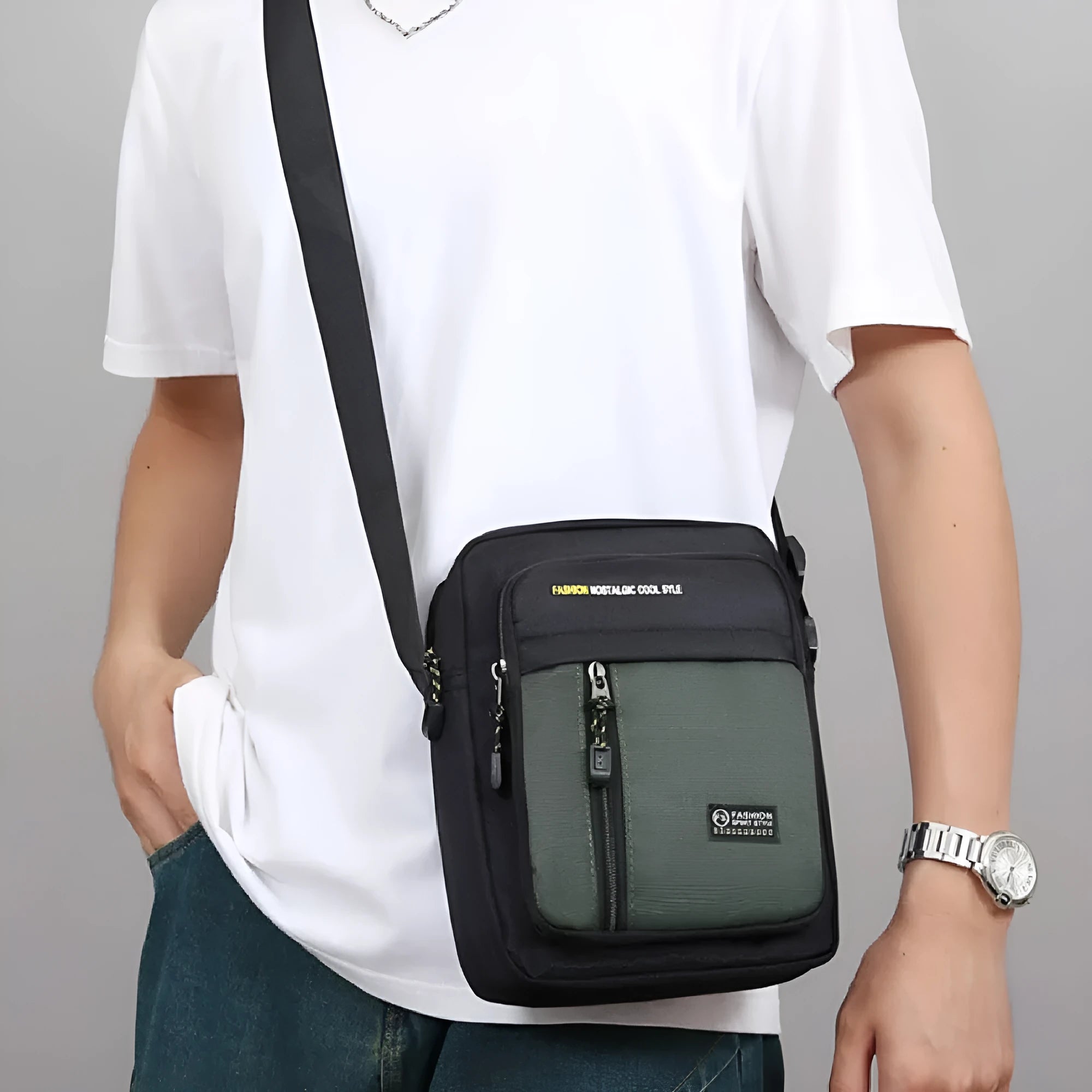 Men's casual one shoulder messenger bag in nylon fabric with sewing thread detailing