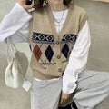 Woman wearing a khaki sleeveless cardigan with a diamond plaid pattern, loose fit.