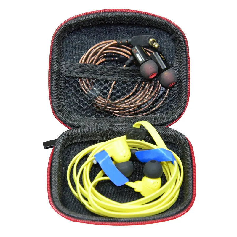 EVA anti-pressure earphone storage bag in black with zipper closure on white background