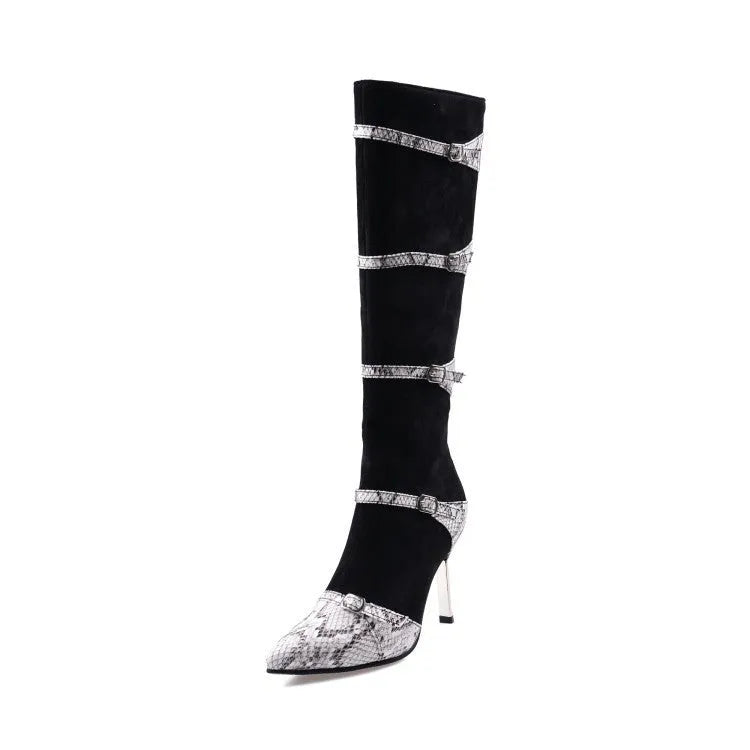 Women's black knee-high boots with thin 9cm heels and 33cm shaft height