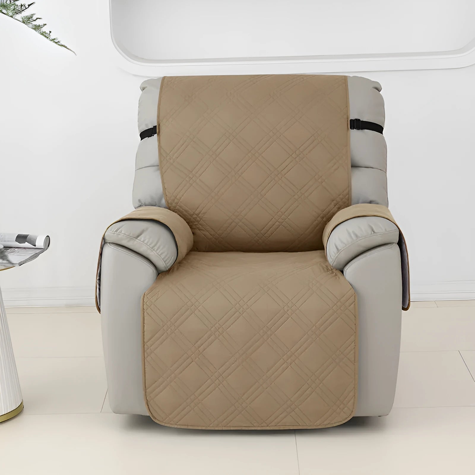 Quilted burgundy sofa cover stretched over a single Chivas massage chair cushion.