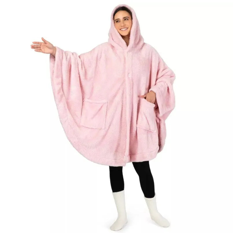 Thickened polyester hooded bathrobe in black, shown on a hanger