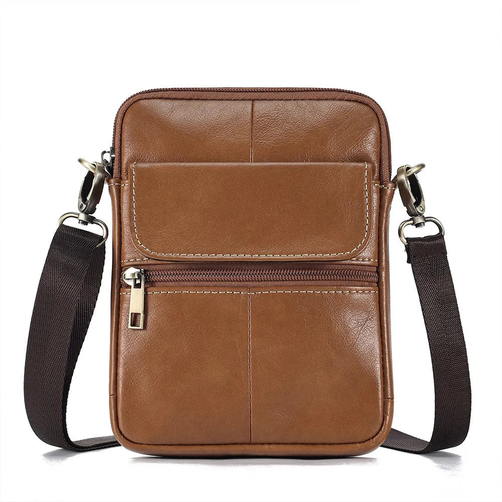 Men's brown genuine leather crossbody shoulder bag with sewing line detail.