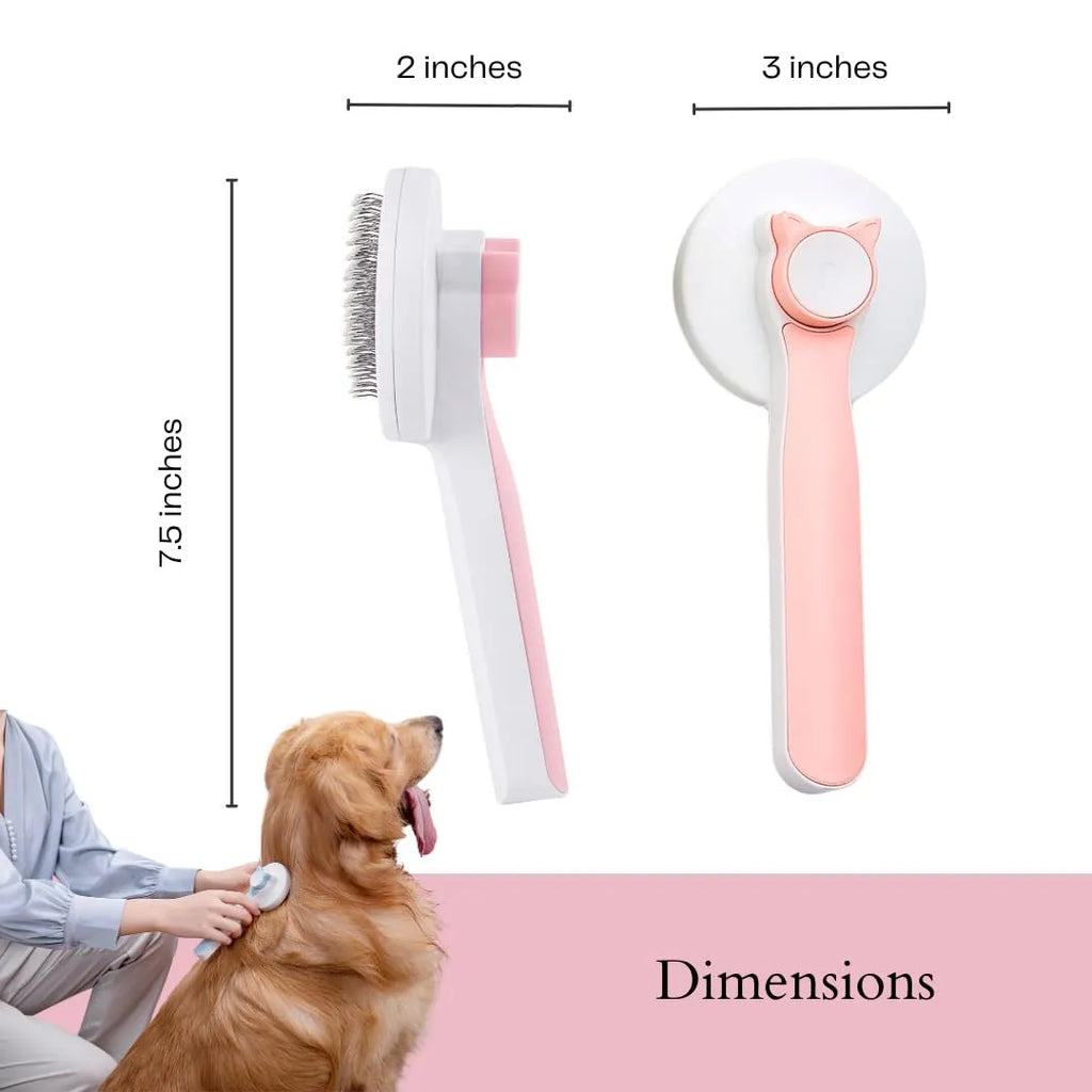 Blue grey pink self-cleaning pet grooming brush with stainless steel tips and rubber handle for dogs cats