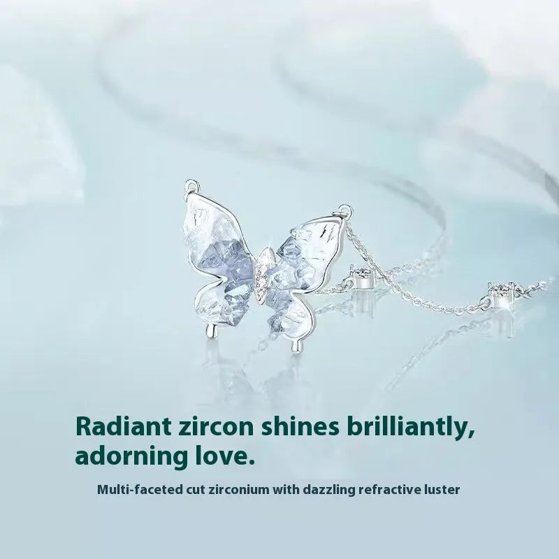 S925 silver necklace with a detailed ice rain style butterfly pendant on an adjustable O-ring chain.