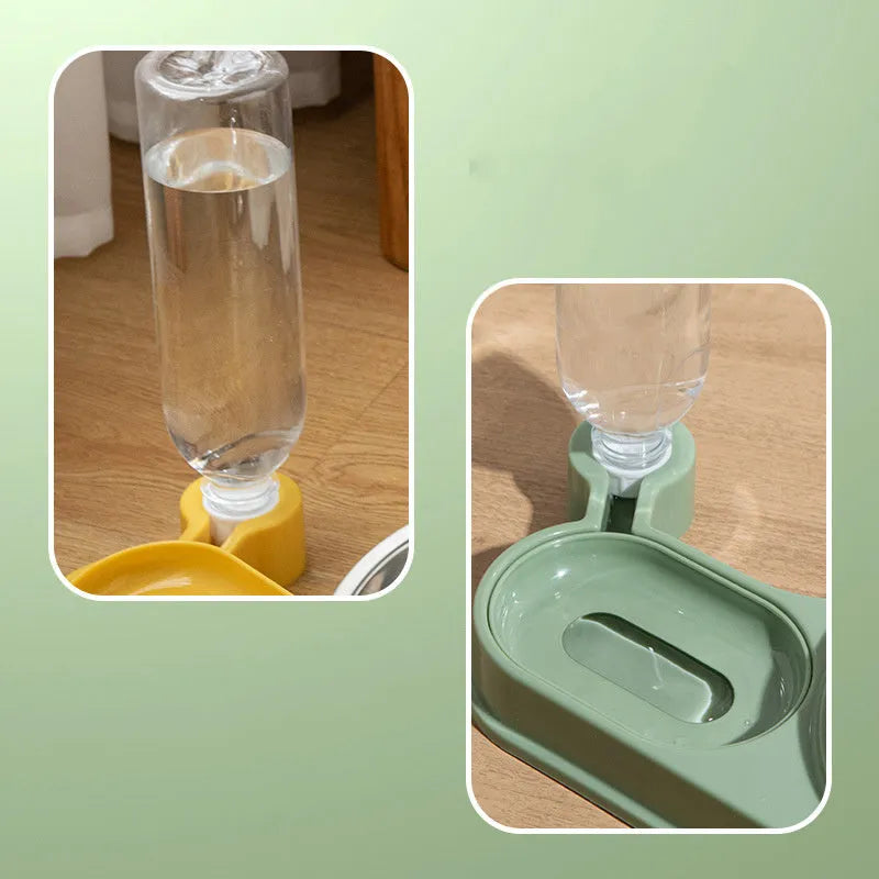 Brown elevated cat food bowl with automatic water dispenser bottle