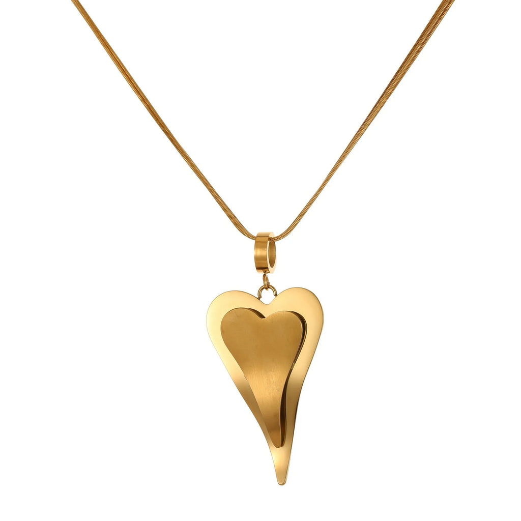 Double heart snake bones chain stainless steel necklace with geometric design in gold or steel colour options
