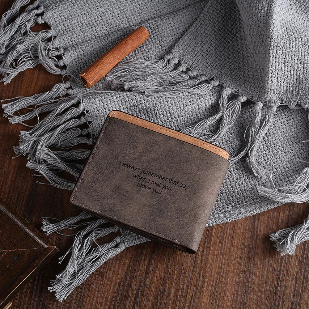 Coffee brown engraved horizontal short wallet showing personalisation service and compact 120mm dimensions