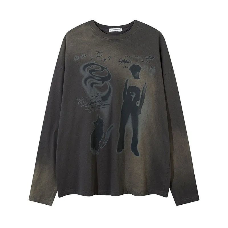 Women's loose fit cotton pullover top with drop-shoulder sleeves and letter pattern in dark grey