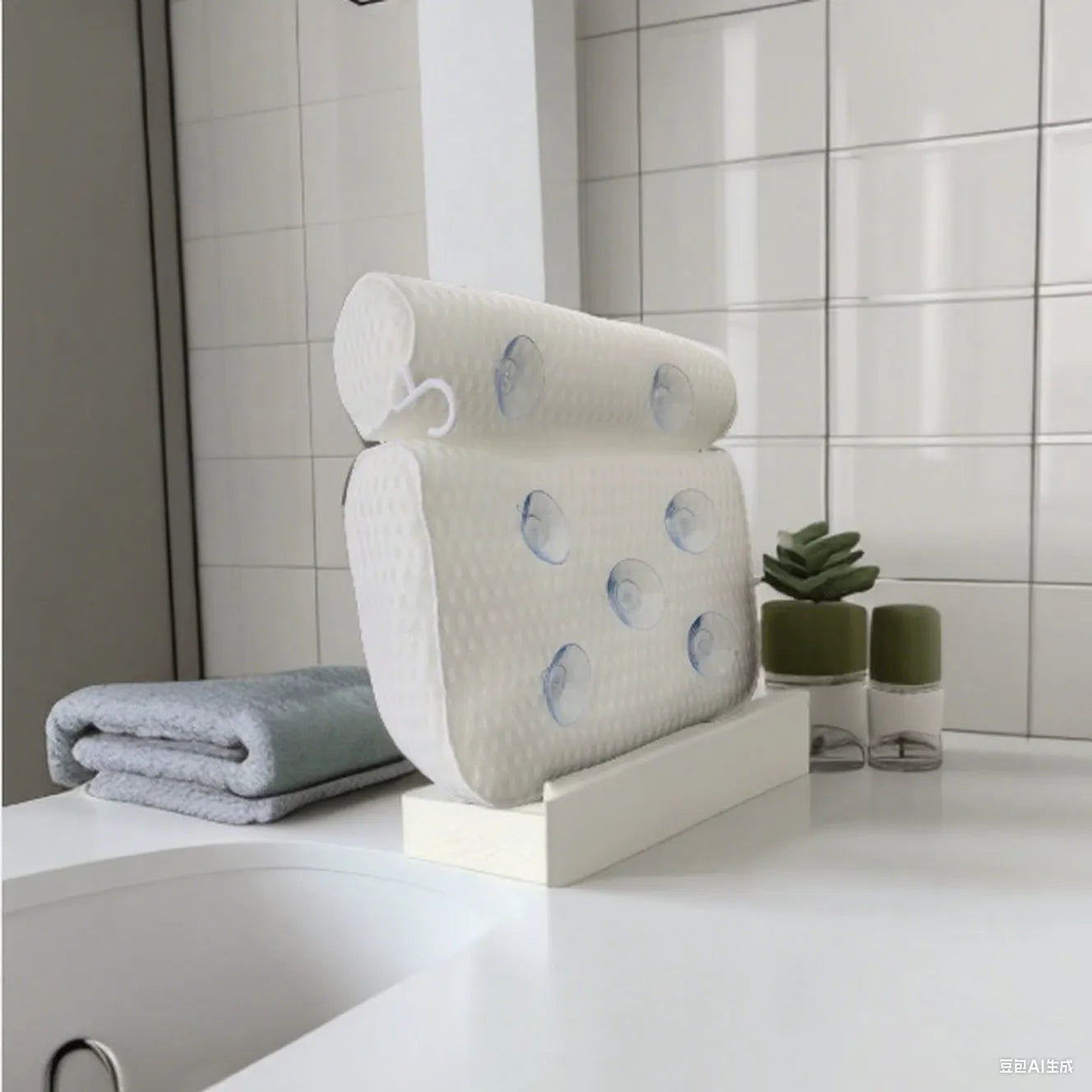 White bathtub pillow with 7 suction cups and 4D mesh design measuring 37x34x10cm