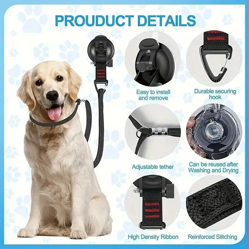 Black and blue suction cup dog bath restraint kit with large and small cups on a tub.