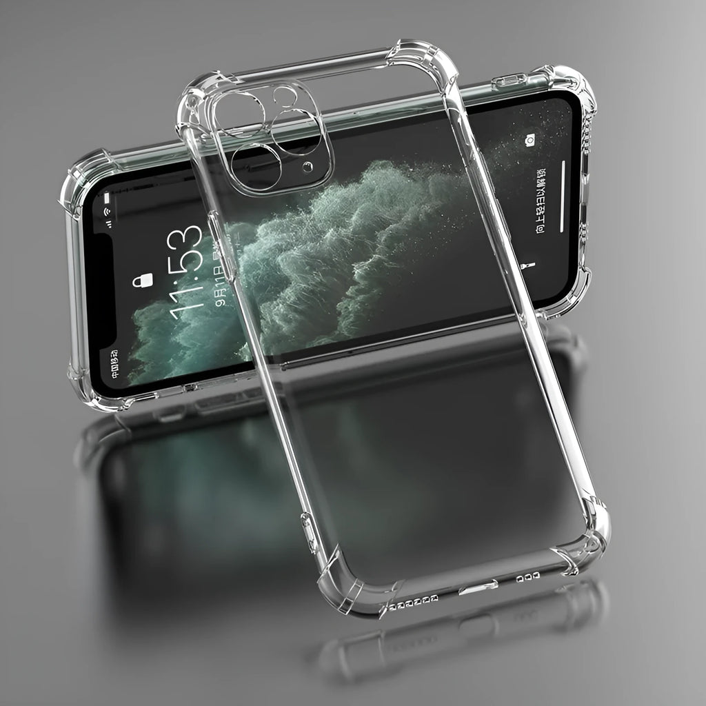 Clear transparent shockproof phone case for Apple iPhone models showing TPU material