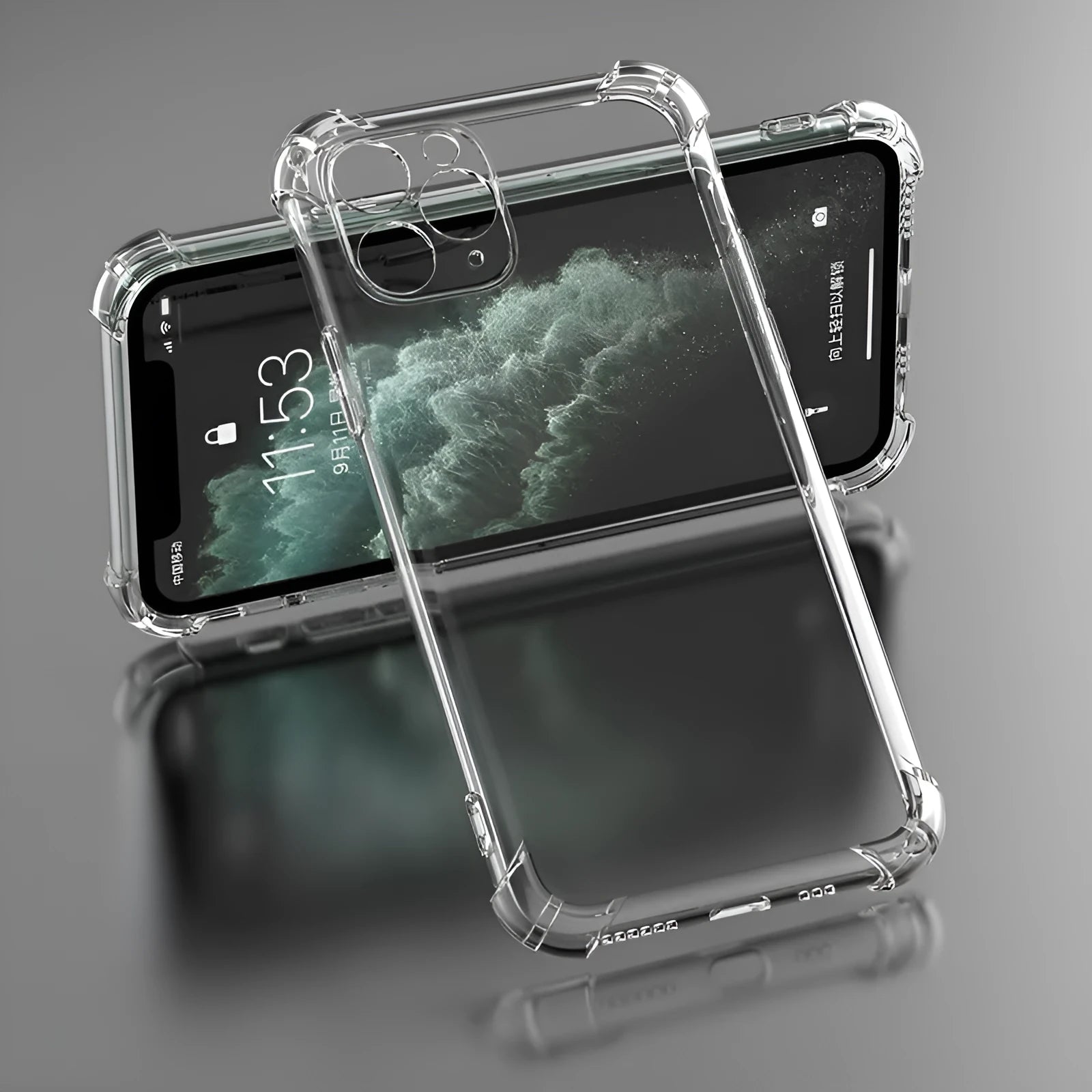 Clear transparent shockproof phone case for Apple iPhone models showing TPU material