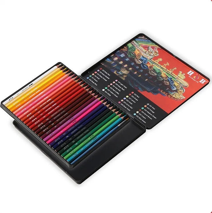 24 water-soluble coloured pencils in iron storage box, wooden barrel construction