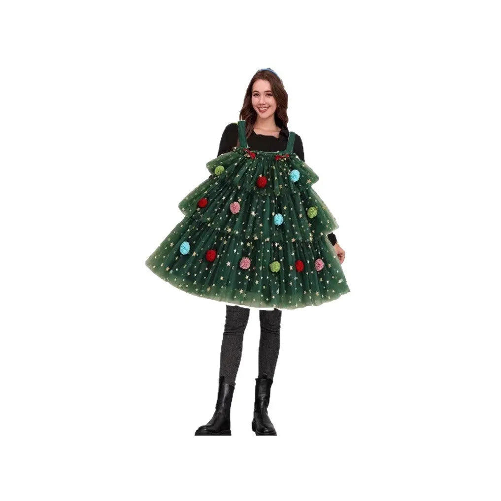 Green sleeveless suspender dress with Christmas tree pattern and polka dot layered skirt