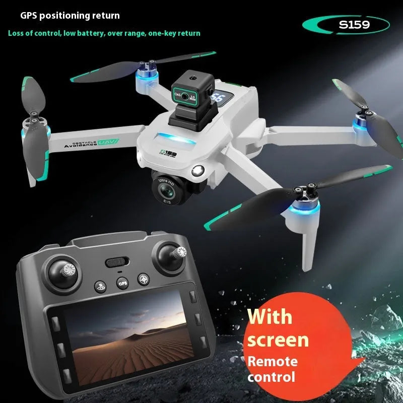 S159 GPS UAV drone with HD camera, black colour, plastic body, obstacle avoidance sensors visible