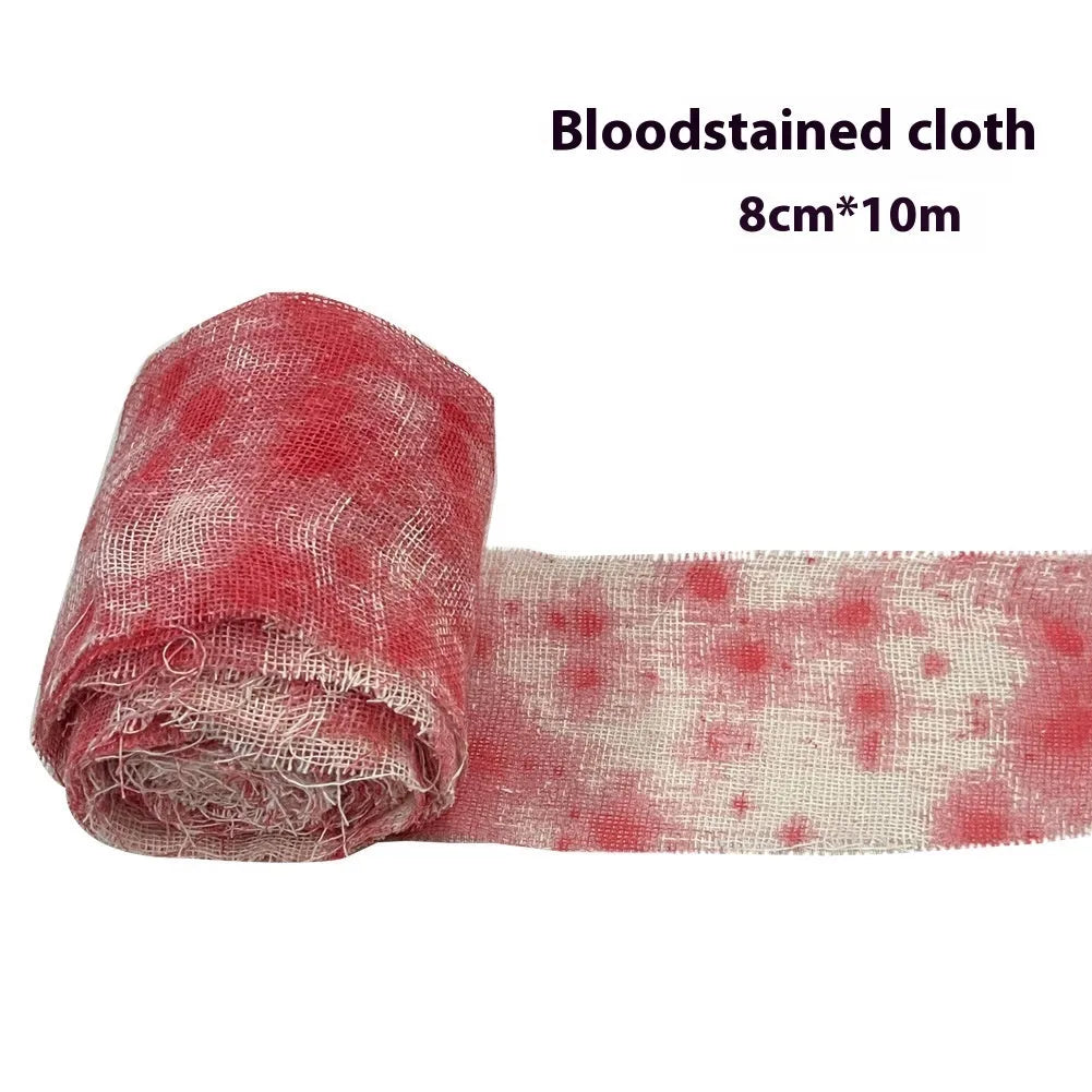 Bloody red polyester Halloween bandage roll showing 8cm width and textured surface for costume use.