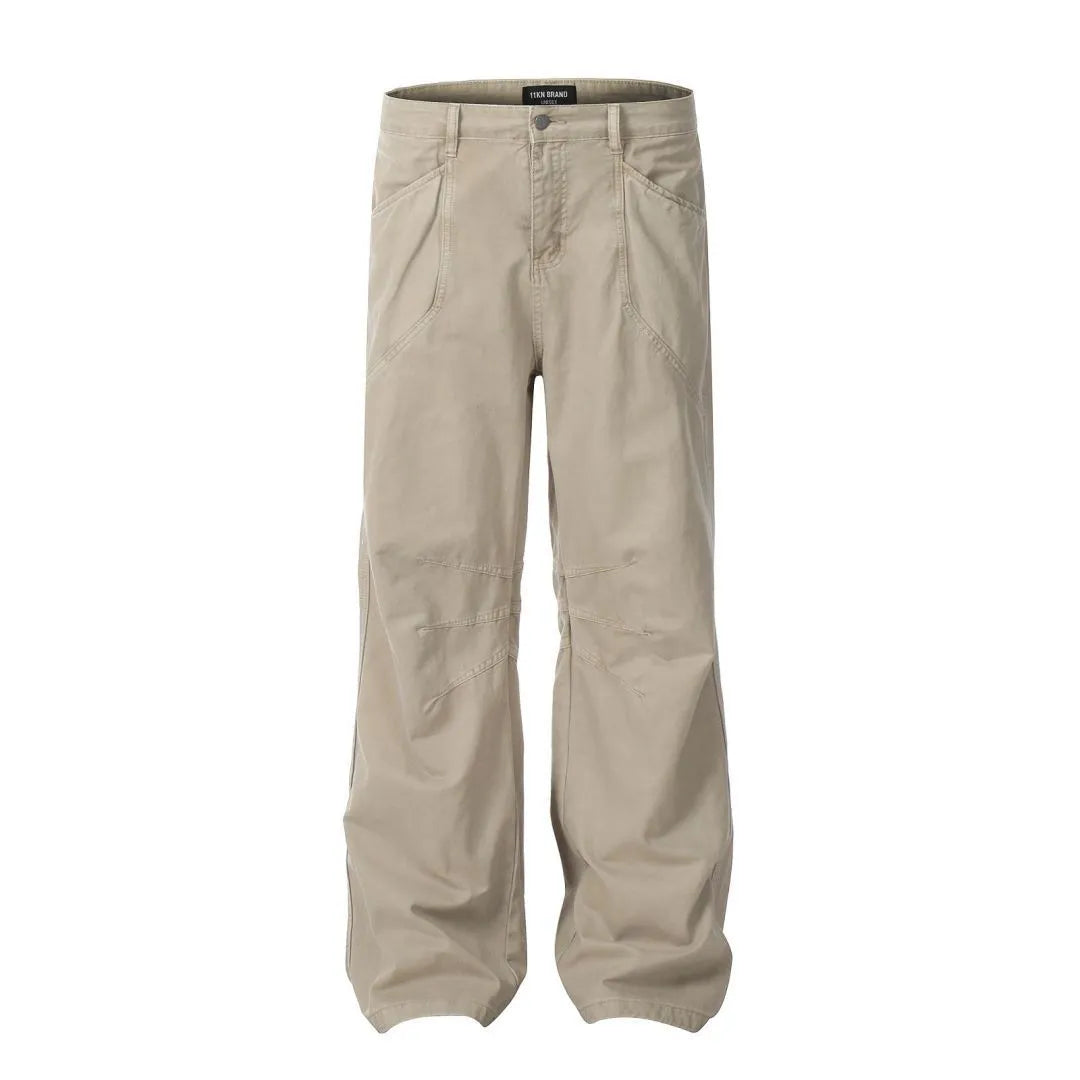 Men's brown loose straight wide-leg high-waisted cotton trousers laid flat.