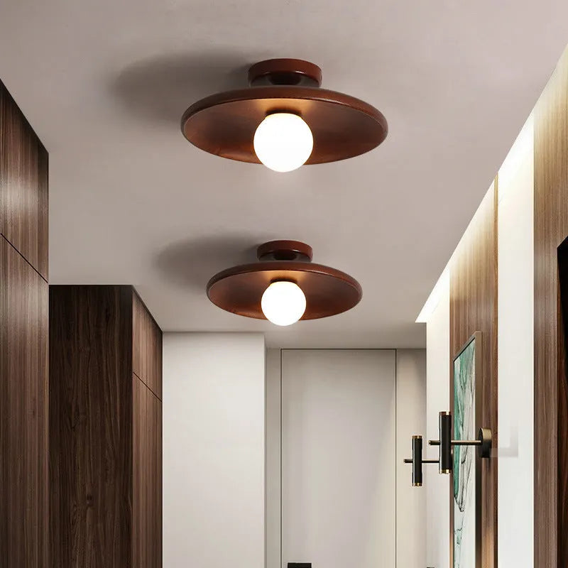 Solid wood and glass minimalist aisle ceiling lamp in wood or walnut colour.