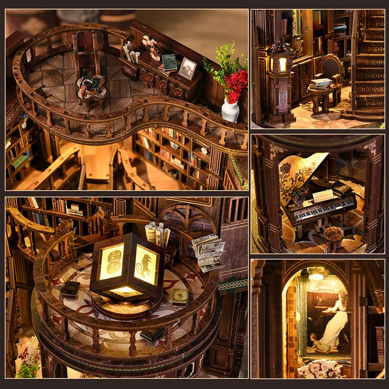 DIY wooden European architecture model of Sweet Dreams Book Hall with lamp line and matte rod