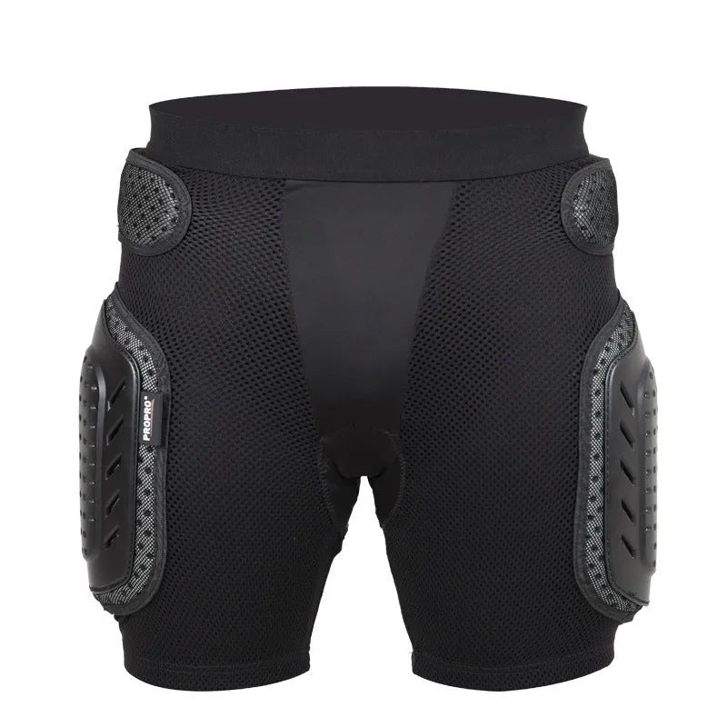 Black cycling hip protection pants with adjustable waistband and side-release buckle.