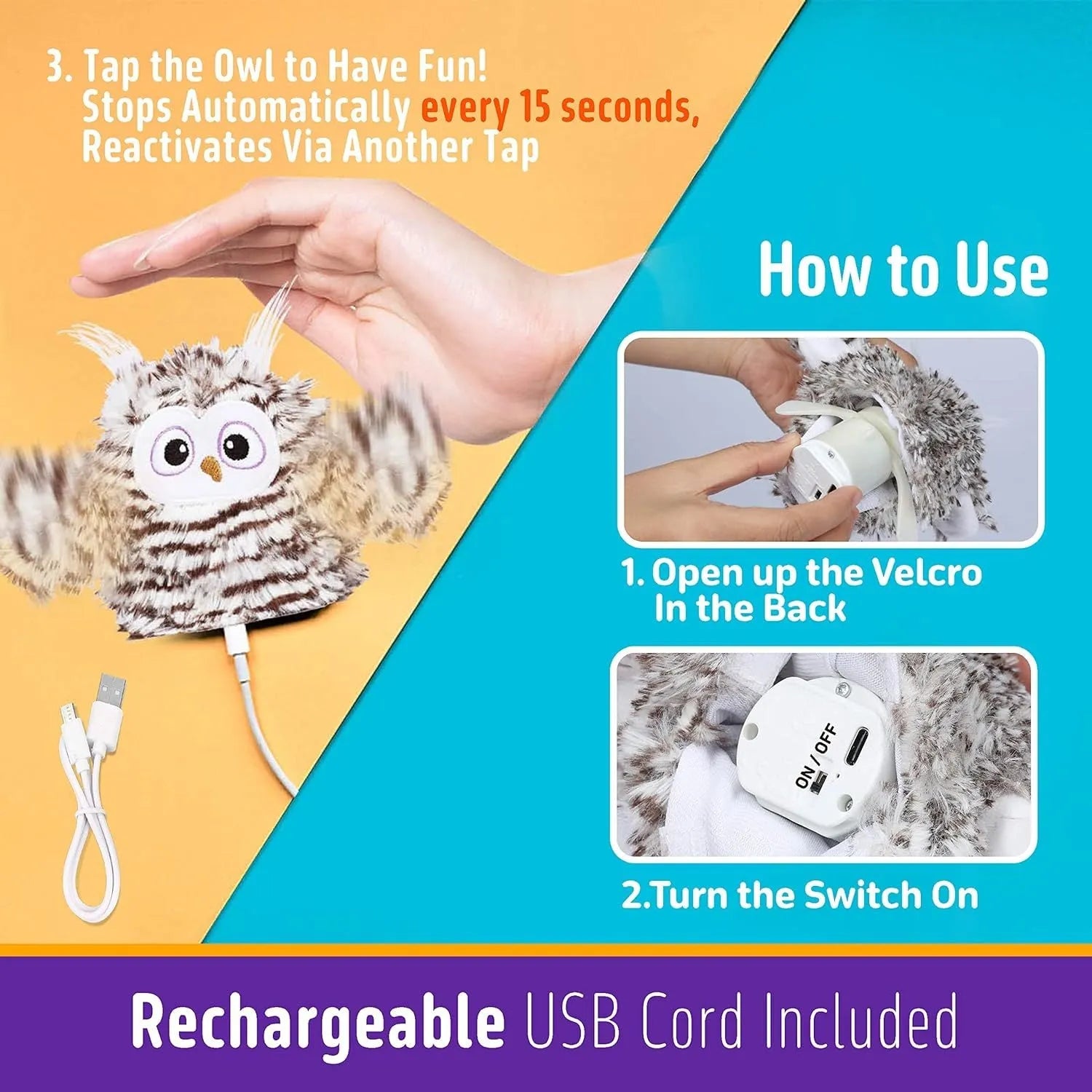 Grey automatic owl cat toy with flapping wings on flat surface, measuring 10cm by 14cm