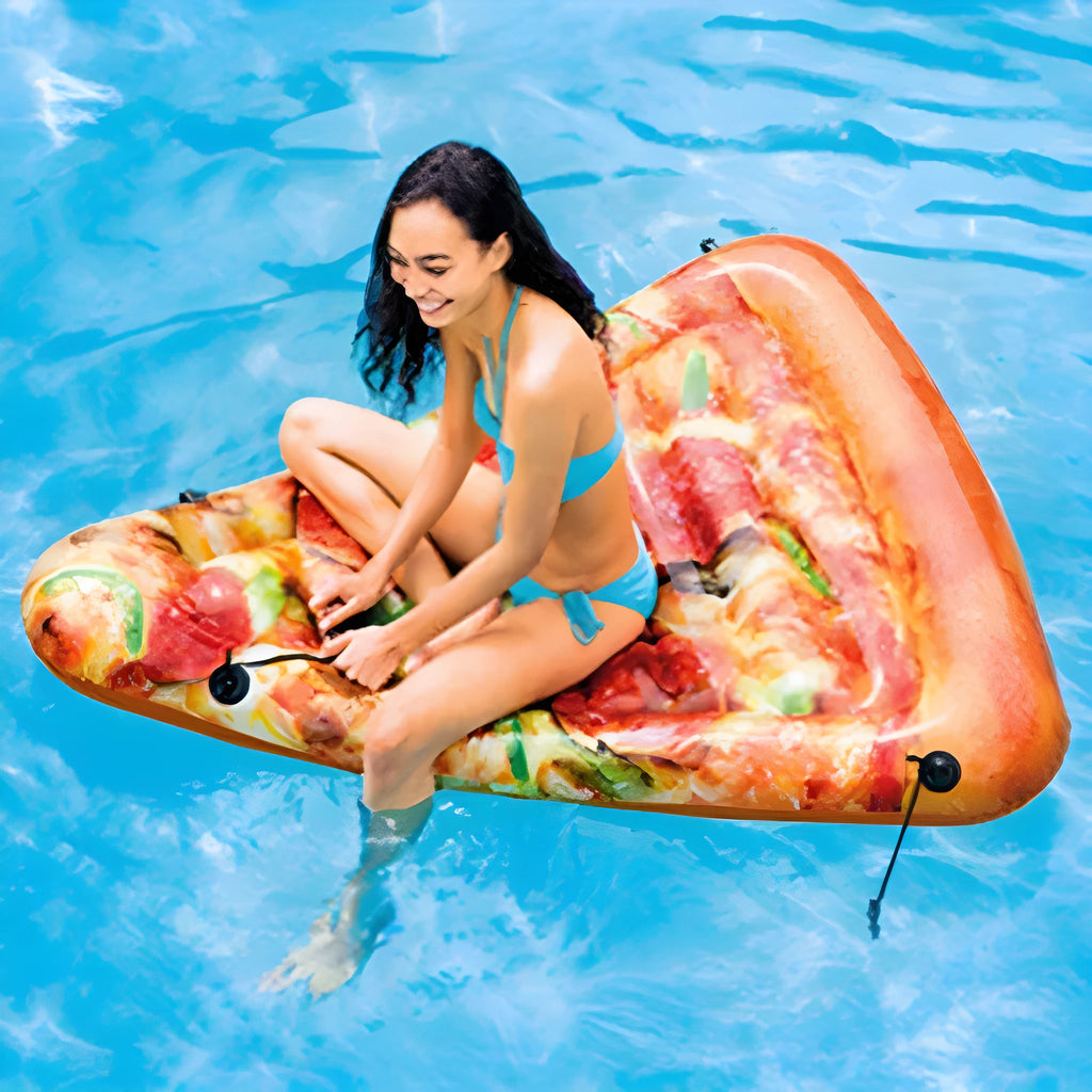 Large inflatable pizza slice float measuring 175cm x 145cm made of PVC for pool use