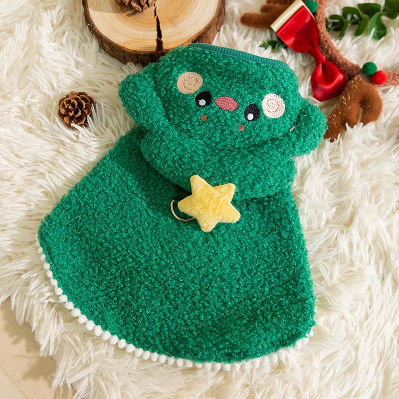 Cat autumn winter Christmas thickened elk cloak pet clothing polyester cartoon style brown green elk drawable