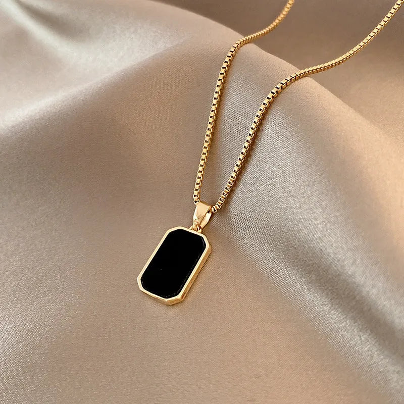 Rectangular pendant necklace 18K gold titanium steel box chain men women small black pendant geometric design