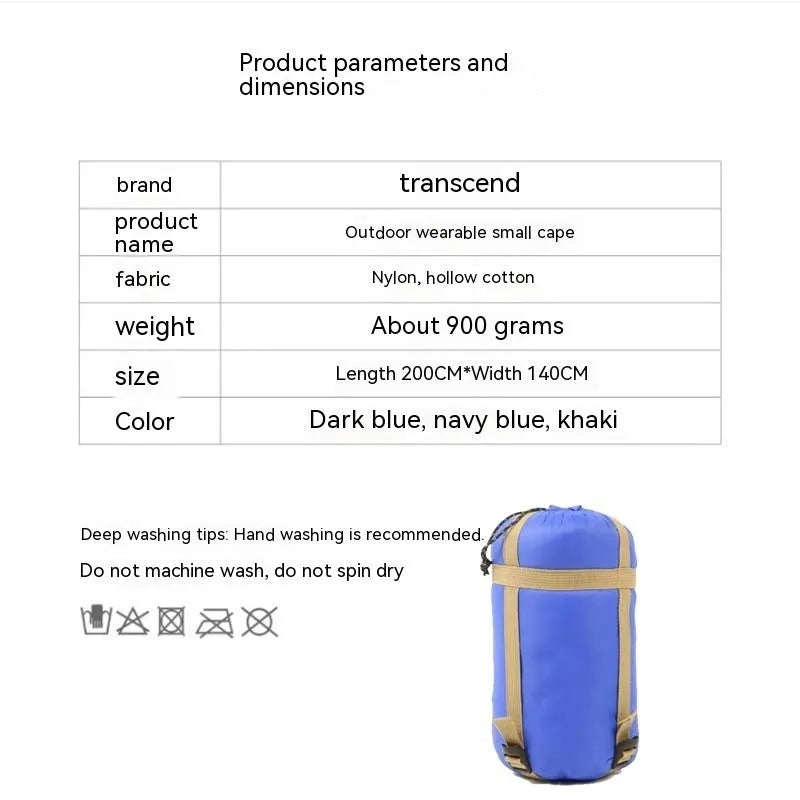 Army Green wearable cloak sleeping bag unfolded showing 200x140cm dimensions and cape design