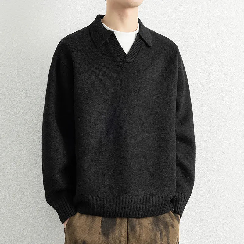Men's casual cardigan sweater coat in carbon black, loose fit, modal rabbit fur blend