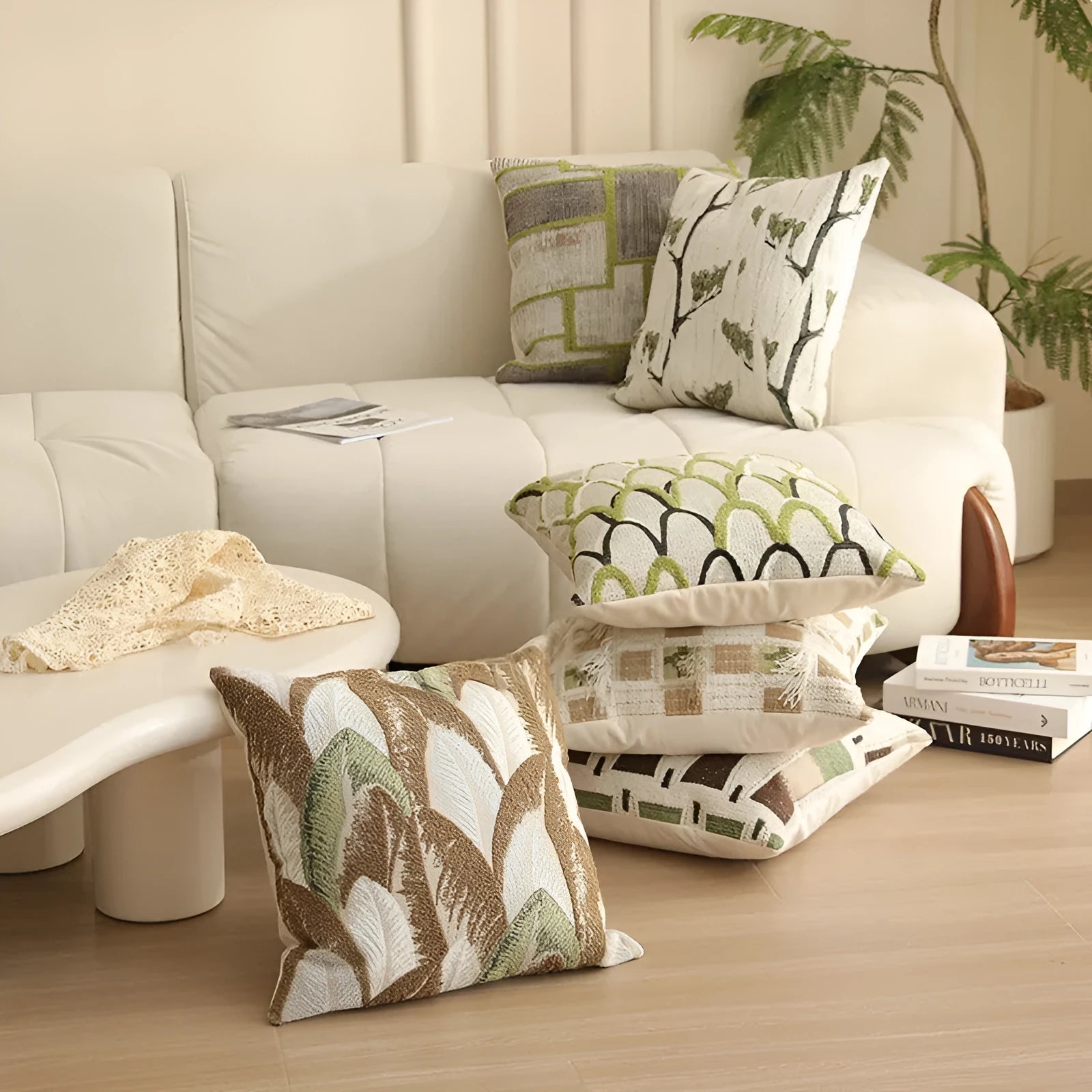 Square Jacquard pillow cover with detailed retro floral pattern on a grey sofa, showing 45x45cm size.