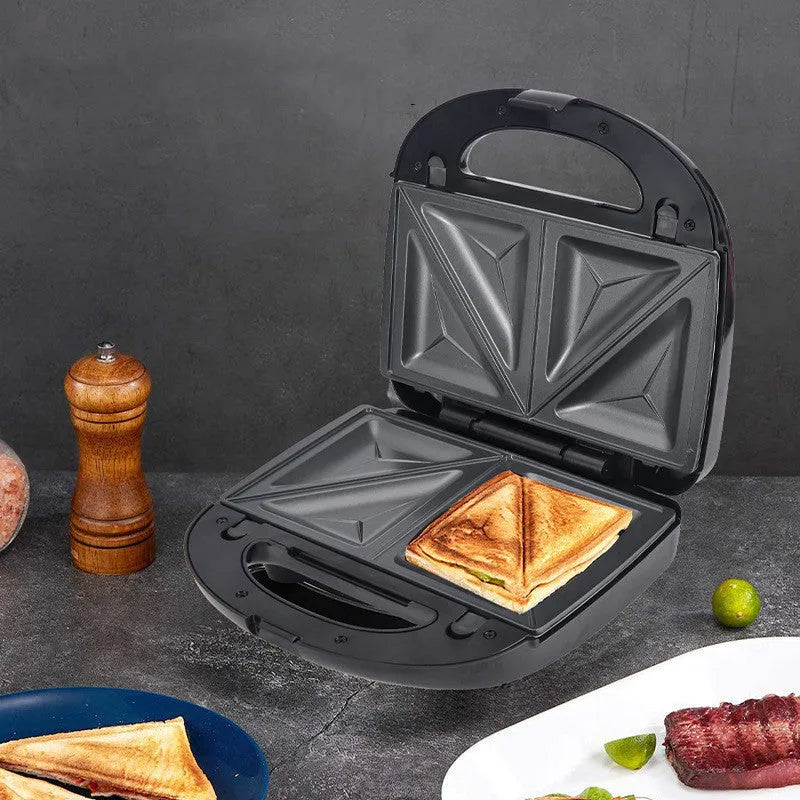 Black double-sided electric sandwich pan with non-stick plates and brushed stainless steel lid