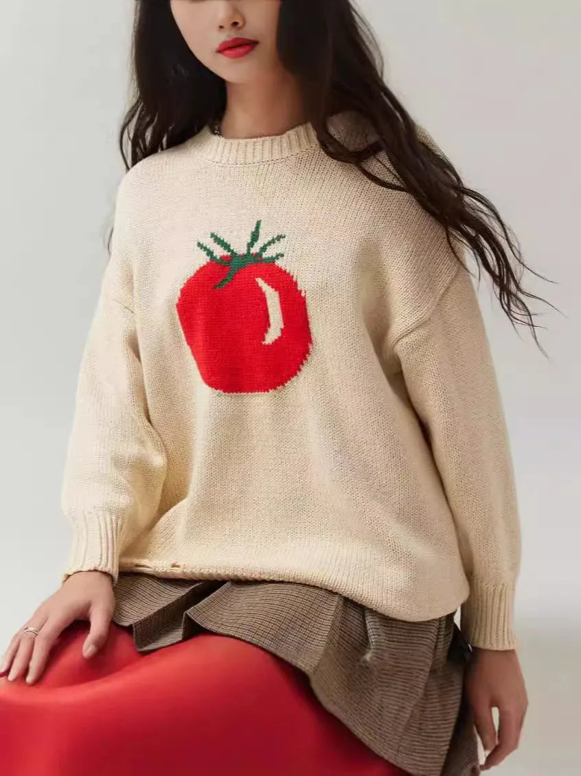 Women's beige round neck pullover sweater with jacquard pattern and long sleeves