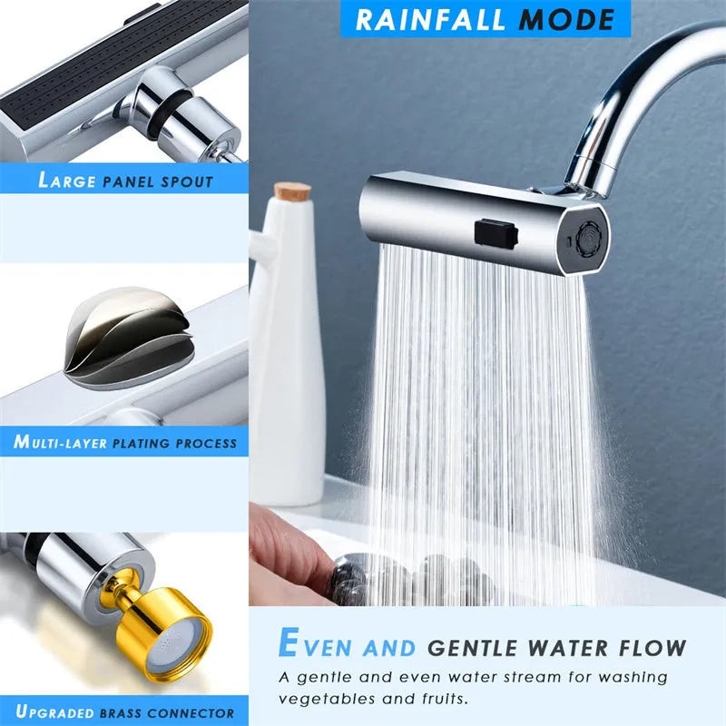 Kitchen faucet nozzle in black with waterfall bubbler mode and rotating head for universal fit