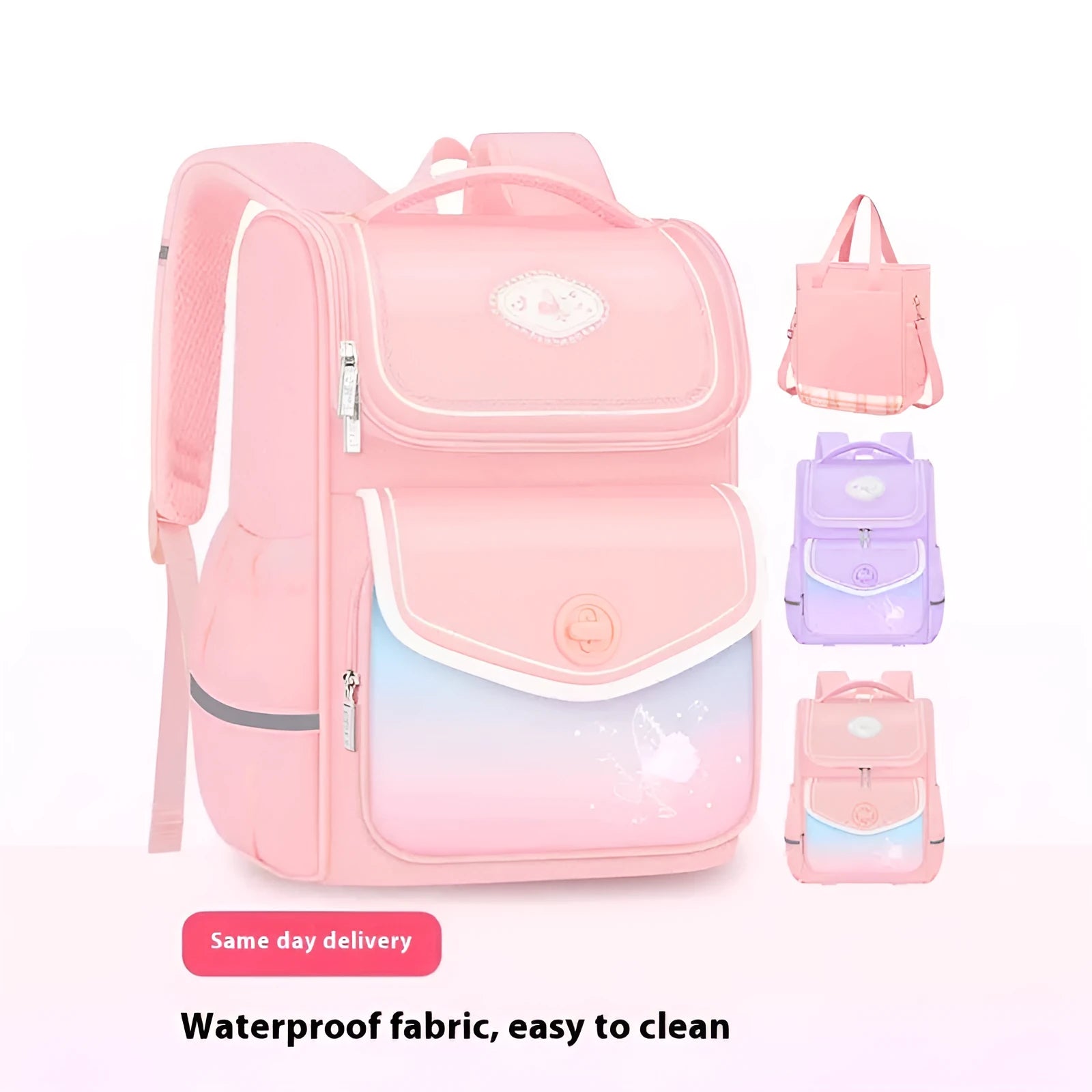 Girls waterproof Oxford cloth school backpack in pink, shown in large and small sizes for primary school years 1-6.